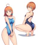  ahoge alp ass bare_shoulders barefoot blue_swimsuit braid breasts commentary_request competition_swimsuit from_behind hair_ribbon hoshizora_rin looking_at_viewer looking_back love_live! love_live!_school_idol_project love_live!_sunshine!! medium_breasts multiple_girls one-piece_swimsuit orange_hair ribbon shiny shiny_hair shiny_skin short_hair side_braid simple_background smile soles squatting standing swimsuit takami_chika white_background yellow_eyes 