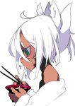  1girl chopsticks dark_skin eating female green_eyes hair_between_eyes kimura_akiyoshi original profile solo white_hair 
