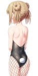  absurdres ass back bare_shoulders brown_hair bunny_tail bunnysuit cowboy_shot double_bun facing_away fishnet_pantyhose fishnets from_behind highres kantai_collection michishio_(kantai_collection) nedia_(nedia_region) pantyhose short_hair shoulder_blades simple_background solo tail white_background 