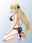  ass bare_shoulders bikini black_bikini black_eyes blonde_hair breasts butt_crack full_body gradient gradient_background grey_background hair_over_eyes highres kneeling long_hair open_toe_shoes pokemon pokemon_(game) pokemon_dppt shirona_(pokemon) sideboob solo swimsuit tamamon white_footwear 