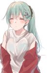  alternate_hairstyle blush braid closed_eyes closed_mouth earrings eyebrows_visible_through_hair hair_ornament hair_scrunchie incoming_kiss jacket jewelry kantai_collection messy_hair off_shoulder ponytail red_jacket rinto_(rint_rnt) scrunchie shirt short_sleeves simple_background solo suzuya_(kantai_collection) sweat track_jacket upper_body waiting_for_kiss white_background white_shirt 
