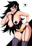  1girl absurdres areola_slip areolae armpits artist_name bare_arms bare_shoulders belt black_hair black_panties blue_eyes blush boku_no_hero_academia breasts broken_handcuffs corset covered_nipples cowboy_shot cuffs dandon_fuga domino_mask finger_to_mouth garter_straps groin hair_between_eyes hand_on_hip handcuffs heart highres hips large_breasts leaning_forward legs long_hair looking_at_viewer mask midnight_(boku_no_hero_academia) mole mole_under_eye panties parted_lips pasties simple_background solo spoken_heart standing thighhighs thighs two-tone_background underwear wavy_hair 