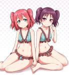  bangs bare_shoulders barefoot bikini blush breasts brown_scrunchie collarbone commentary_request finger_to_cheek frilled_bikini frills green_eyes halftone halftone_background hand_up holding_hands kazuno_leah kurosawa_ruby looking_at_viewer love_live! love_live!_sunshine!! matching_outfit multiple_girls navel polka_dot polka_dot_scrunchie purple_eyes purple_hair red_hair scrunchie sitting small_breasts smile stomach swimsuit twintails two_side_up wrist_scrunchie yopparai_oni yuri 