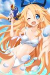  bikini blonde_hair blush breasts day disgaea flonne iwasi-r long_hair looking_at_viewer makai_senki_disgaea navel red_eyes smile solo swimsuit water water_gun 