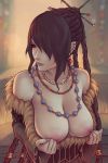  bare_shoulders black_hair blurry blurry_background braid breasts cleavage closed_mouth collarbone dress dress_pull ear_piercing earrings final_fantasy final_fantasy_x fur_trim hair_ornament hair_over_one_eye jewelry large_breasts lips long_hair looking_away looking_to_the_side lulu_(ff10) mole mole_under_mouth necklace nipples one_eye_covered piercing red_eyes solo soranamae strapless strapless_dress veiny_breasts 