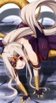  :d absurdres bare_shoulders commentary_request cosplay eyepatch eyes_visible_through_hair fangs fate/kaleid_liner_prisma_illya fate_(series) gloves gorgon_(fate) gorgon_(fate)_(cosplay) grey_hair highres illyasviel_von_einzbern long_hair looking_at_viewer morokoshi_(tekku) open_mouth ponytail prehensile_hair prisma_illya red_eyes rider scales smile solo tail upper_teeth very_long_hair 