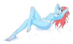  anthro bikini breasts clothing eye_patch eyewear female fish gills hair hands_behind_head long_hair looking_at_viewer marine meetworp midriff pose red_hair simple_background small_breasts solo swimsuit undertale undyne video_games white_background 