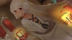  altera_(fate) altera_the_santa alternate_costume bangs blurry blurry_background blush dress earmuffs eyebrows_visible_through_hair fate/grand_order fate_(series) feet_out_of_frame fireplace furnace head_tilt headdress highres jewelry lamp long_sleeves looking_at_viewer open_mouth parted_lips red_eyes room sebire short_hair solo tan white_dress white_hair 