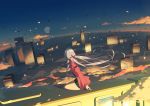  above_clouds absurdres ahoge black_shorts blue_sky building cloud crescent_moon facing_away fantasy from_behind highres jacket long_hair long_sleeves moon open_clothes open_jacket quad_tails red_jacket shorts sitting sky skyscraper soles solo streetcar tomato_(lsj44867) vocaloid wide_shot xingchen 