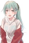  alternate_hairstyle blue_eyes blue_hair blush braid earrings eyebrows_visible_through_hair hair_ornament hair_scrunchie jacket jewelry kantai_collection looking_at_viewer messy_hair off_shoulder open_mouth ponytail red_jacket rinto_(rint_rnt) scrunchie shirt short_sleeves simple_background solo suzuya_(kantai_collection) sweat track_jacket upper_body white_background white_shirt 