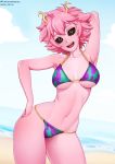  :d arm_behind_head arm_up armpits ashido_mina bare_arms bare_shoulders beach bikini black_sclera boku_no_hero_academia breasts breasts_apart collarbone commentary day english_commentary halter_top halterneck hand_on_hip head_tilt hips horns looking_at_viewer medium_breasts medium_hair messy_hair navel neocoill ocean open_mouth outdoors pink_hair pink_skin sand smile solo stomach strap_gap swimsuit upper_body water watermark web_address yellow_eyes 