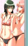  ass_visible_through_thighs bare_shoulders bikini commentary eyebrows_visible_through_hair flat_chest floral_print fujish green_eyes green_hair groin hair_between_eyes hand_on_own_thigh hands_on_another's_shoulders harukana_receive highres long_hair looking_at_viewer multiple_girls navel purple_eyes swimsuit tachibana_ayasa thighs tiles tooi_narumi 