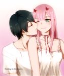  1girl absurdres bangs bare_shoulders black_hair blush closed_eyes collarbone commentary copyright_name couple darling_in_the_franxx english_commentary eyebrows_visible_through_hair green_eyes hetero highres hiro_(darling_in_the_franxx) horns long_hair milkoko one_eye_closed oni_horns pink_hair red_horns shirt short_sleeves sleeveless white_nightgown white_pajamas white_shirt zero_two_(darling_in_the_franxx) 