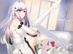  alternate_costume azur_lane bangs bare_shoulders blush boots bouquet breasts bridal_gauntlets bridal_veil bride cleavage closed_mouth commentary_request dress dunkerque_(azur_lane) expressionless eyebrows_visible_through_hair flower gloves hair_ornament high_heel_boots high_heels highres large_breasts leg_up long_hair lounge pink_eyes ponytail sai_jjjgg shiny shiny_skin sidelocks sitting solo thigh_boots thighhighs thighs tiara veil wedding_dress white_dress white_footwear white_gloves 