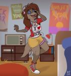  &lt;3 2018 anthro anthrofied bed big_breasts breasts canine clothed clothing console disney dog eyeshadow female footwear hair headphones hi_res hyenatig_(artist) makeup mammal navel nintendo oliver_&amp;_company open_mouth rita_(disney) shoes solo video_games walkman 
