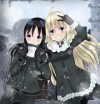  absurdres ahoge black_gloves black_hair blonde_hair blue_eyes blush chito_(shoujo_shuumatsu_ryokou) coat commentary eyebrows_visible_through_hair falling_snow fur-trimmed_coat fur_trim gloves hair_between_eyes highres long_hair looking_at_viewer multiple_girls pantyhose pout shoujo_shuumatsu_ryokou smile snow snowing sophieperky v very_long_hair yuuri_(shoujo_shuumatsu_ryokou) 