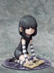  arm_warmers black_dress black_hair blush book commentary dress english_commentary faux_figurine full_body gothic hair_over_eyes highres jcm2 lucy_loud necronomicon open_book short_hair sitting smile solo striped striped_legwear the_loud_house thighhighs wariza 