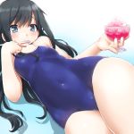 asashio_(kantai_collection) bangs bare_shoulders black_eyes black_hair blue_swimsuit blush breasts competition_school_swimsuit covered_navel dd_(ijigendd) eyebrows_visible_through_hair holding kantai_collection long_hair looking_at_viewer one-piece_swimsuit shaved_ice shiny shiny_clothes simple_background small_breasts solo spoon spoon_straw swimsuit 