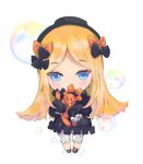  abigail_williams_(fate/grand_order) bangs black_bow black_dress black_footwear black_hat blonde_hair bloomers blue_eyes blush bow bubble bug butterfly chibi closed_mouth commentary_request dress eyebrows_visible_through_hair fate/grand_order fate_(series) full_body hair_bow hat highres insect long_hair long_sleeves looking_at_viewer object_hug orange_bow parted_bangs simple_background sleepshee sleeves_past_fingers sleeves_past_wrists smile solo standing stuffed_animal stuffed_toy teddy_bear underwear very_long_hair white_background white_bloomers 