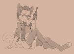  anthro bell bomber_jacket cat clothed clothing collar eyewear feline girly glasses gun handgun legwear looking_at_viewer male mammal noctovision ranged_weapon revolver simple_background solo stockings thigh-highs thong underwear weapon 