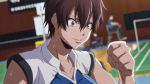  angry animated aragaki_nagisa badminton badminton_racket breasts brown_hair hanebado! holding large_breasts mole mole_under_mouth muscle muscular_female racket red_eyes short_hair spiky_hair sweat 