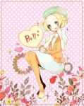  :d bag bel_(pokemon) blonde_hair blush breasts character_name chokkiko_(rimoc) commentary_request flower forehead full_body green_eyes green_hat hand_up handbag hat heart invisible_chair jacket legs_together looking_at_viewer medium_hair open_mouth orange_jacket orange_legwear petals pink_background pokemon pokemon_(game) pokemon_bw polka_dot polka_dot_background puffy_short_sleeves puffy_sleeves short_hair short_sleeves simple_background sitting skirt smile solo sparkle white_skirt wristband yellow_footwear 