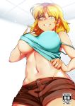  @_@ blonde_hair blue_eyes breasts brown_shorts commentary cover cover_page covered_nipples crazy_eyes crazy_grin doujin_cover earrings english_commentary grin groin highres jcm2 jewelry large_breasts lori_loud makeup navel rating short_shorts shorts smile solo the_loud_house underboob 