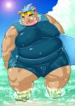  2018 anthro boar bulge clothing eyewear gouryou male mammal mohawk one_eye_closed overweight overweight_male porcine solo sunglasses tight_clothing tokyo_afterschool_summoners tomoyamaru water wink 