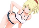  bandeau bare_shoulders belt blonde_hair bracelet breasts cleavage dutch_angle fang fate/apocrypha fate_(series) green_eyes hand_on_hip jewelry leaning_forward midriff mordred_(fate) mordred_(fate)_(all) navel necklace short_shorts shorts smile tsukumo 