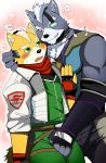  &lt;3 anthro bearlovestiger13 blush canine clothed clothing duo fox fox_mccloud fully_clothed grope hand_on_chest male male/male mammal muscular muscular_male nintendo size_difference star_fox sweat video_games wolf wolf_o&#039;donnell 