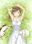  arm_up blush breasts brown_hair cat commentary_request day dress flower from_above grass green_eyes kawamoto_akari long_hair looking_at_viewer lying on_back outdoors sangatsu_no_lion small_breasts smile solo summer_worm white_cat white_dress 