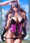  1girl absurdres animal_ears artist_name bare_shoulders black_eyes black_gloves black_panties breasts bunny_ears camilla_(fire_emblem_if) choker cleavage closed_mouth clouds corset cowboy_shot dandon_fuga day eyeliner eyeshadow fake_animal_ears fire_emblem fire_emblem_heroes fire_emblem_if gloves groin hair_over_one_eye highres hips large_breasts legs long_hair looking_at_viewer makeup outdoors panties panty_pull purple_hair sky solo spring_(season) standing thighs underwear 