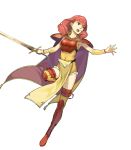  armor armpits bandaged_arm bandages bangs breastplate cape celica_(fire_emblem) fire_emblem fire_emblem_echoes:_mou_hitori_no_eiyuuou fire_emblem_gaiden fire_emblem_heroes full_body hidari_(left_side) high_heels highres holding holding_sword holding_weapon leg_up long_hair looking_away non-web_source official_art open_mouth pelvic_curtain red_eyes red_hair shiny shiny_hair shoulder_armor sleeveless solo sword thighhighs transparent_background weapon 