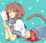  animal_ears aqua_background bangs bleeding blood blood_drip blood_from_mouth blood_on_face blue_sailor_collar blue_skirt bob_cut breasts brown_hair cat_ears cat_girl cat_tail censored censored_violence closed_mouth commentary_request crop_top deep_wound expressionless from_side guro half-closed_eyes hands_up heart heart_censor holding injury kao_(kaoree) licking licking_blood looking_at_viewer looking_to_the_side lying medium_hair miniskirt mosaic_censoring neckerchief on_stomach original pleated_skirt pool_of_blood red_neckwear sailor_collar shirt short_sleeves sidelocks simple_background skirt sleeve_cuffs small_breasts solo tail thick_eyebrows tongue tongue_out white_shirt yellow_eyes 