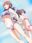  ass bare_shoulders beach_volleyball bikini breasts brown_eyes brown_hair cleavage cloud covered_nipples day dutch_angle eyebrows_visible_through_hair from_below fujish groin groin_tendon hair_between_eyes harukana_receive higa_kanata highres large_breasts looking_to_the_side navel oozora_haruka_(harukana_receive) open_mouth plaid plaid_bikini ponytail small_breasts swimsuit thighs underboob volleyball 