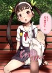  1girl bakemonogatari bench black_hair blush cum ejaculation feet footjob hachikuji_mayoi hairband leg_up long_hair monogatari_(series) panties pantyshot parted_lips pov red_eyes sitting socks soles translated twintails underwear white_legwear 