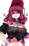  arm_at_side bangs bare_shoulders black_shirt breasts chain cleavage clothes_writing collar collarbone eyebrows_visible_through_hair eyelashes frown hand_on_hip hecatia_lapislazuli highres large_breasts lips long_hair looking_at_viewer navel pink_lips pointy_ears polos_crown raptor7 red_earrings red_eyes red_hair shaded_face shirt simple_background skull_collar solo spiked_collar spikes touhou upper_body white_background 