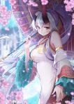  blush breasts cherry_blossoms china_dress chinese_clothes commentary_request detached_sleeves dress fate/grand_order fate_(series) hair_ribbon heroic_spirit_traveling_outfit highres long_hair looking_at_viewer medium_breasts oni_horns oriental_umbrella petals ponytail pot-palm red_eyes red_ribbon ribbon silver_hair smile solo tomoe_(symbol) tomoe_gozen_(fate/grand_order) umbrella 