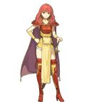  armor bandaged_arm bandages bangs breastplate cape celica_(fire_emblem) dress fire_emblem fire_emblem_echoes:_mou_hitori_no_eiyuuou fire_emblem_gaiden fire_emblem_heroes full_body hand_on_hip hidari_(left_side) high_heels highres lips long_hair looking_at_viewer non-web_source official_art pelvic_curtain red_eyes red_hair shiny shiny_hair shoulder_armor sleeveless smile solo standing sword thighhighs transparent_background weapon 