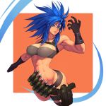  abs alternate_hairstyle ammunition armpits bandolier biceps big_hair black_gloves blue_eyes blue_hair breasts buckle cartridge commentary_request covered_nipples cropped_legs eyebrows_visible_through_hair gloves gun hair_between_eyes hand_up highres holstered_weapon impossible_clothes large_breasts leona_heidern messy_hair muscle muscular_female ogami snk solo the_king_of_fighters thigh_strap weapon 