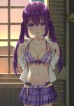  :o absurdres bangs blush bra breasts cleavage collarbone commentary cowboy_shot dusk evening frilled_bra frilled_panties frills gochuumon_wa_usagi_desu_ka? gradient_sky hair_between_eyes highres indoors long_hair long_sleeves medium_breasts mottsun_(i_40y) navel open_clothes open_fly open_mouth open_shirt open_skirt panties plaid plaid_bra plaid_panties plaid_skirt print_bra print_panties print_skirt purple_bra purple_eyes purple_hair purple_panties shiny shiny_hair shirt sidelocks skirt skirt_pull sky solo tedeza_rize twintails underwear undressing unzipped white_shirt window 