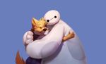  anthro baymax big_hero_6 blue_background canaie clothed clothing disney duo hug machine nviek5 one_eye_closed robot simple_background smile takemoto 