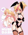  ahoge alternate_hairstyle animal_ears animal_slippers arms_under_breasts bangs between_legs black_bow black_leotard black_neckwear blonde_hair blue_eyes blush bottomless bow bowtie breast_hold breast_press breasts bright_pupils broken_heart brown_legwear bunny_ears bunny_girl bunny_slippers bunny_tail bunnysuit chino_machiko cleavage closed_eyes commentary_request contrapposto copyright_name cowboy_shot crossed_arms detached_collar drooling embarrassed eyebrows_visible_through_hair fake_animal_ears fake_tail fishnet_legwear fishnets from_side full_body garter_straps groin hair_between_eyes hair_down halterneck heart high_ponytail highleg highleg_leotard hips large_breasts lavender_background leotard long_hair long_sleeves looking_away looking_to_the_side lying multicolored multicolored_eyes multicolored_hair multiple_girls multiple_views muse_dash navel navel_cutout off_shoulder on_side one_breast_out open_clothes open_mouth open_shirt outline pajamas pillow pillow_hug pink_hair pink_shirt ponytail purple_background purple_eyes rin_(muse_dash) saliva shirt short_ponytail sideboob simple_background skindentation sleeping slippers standing streaked_hair sweatdrop tail thighhighs thighs thought_bubble v-shaped_eyebrows white_outline white_pillow wing_collar wrist_cuffs 