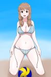  ass_visible_through_thighs bare_shoulders beach_volleyball bikini blurry blurry_background blush breasts brown_eyes brown_hair cleavage commentary_request eyebrows_visible_through_hair groin harukana_receive highres kneeling large_breasts long_hair navel oozora_haruka_(harukana_receive) osage_gankyou plaid plaid_bikini skindentation smile swimsuit thighs 