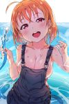  :d absurdres ahoge bangs bare_arms bare_shoulders blush breasts cleavage collarbone earrings eyebrows_visible_through_hair fingernails glint hair_between_eyes hands_up head_tilt highres holding holding_hose hose jewelry large_breasts long_hair looking_at_viewer love_live! love_live!_sunshine!! naked_overalls open_mouth orange_hair overalls red_eyes round_teeth smile solo takami_chika teeth tem10 upper_teeth water wet 