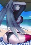  1girl artist_request ass beach bikini black_bikini breasts eyebrows_visible_through_hair fate/grand_order fate_(series) grin holding holding_hair jeanne_d&#039;arc_(alter_swimsuit_berserker) jeanne_d&#039;arc_(fate)_(all) large_breasts long_hair looking_at_viewer looking_back o-ring o-ring_bikini parted_lips red_legwear sideboob silver_hair single_thighhigh sitting smile solo swimsuit thighhighs umbrella yellow_eyes 
