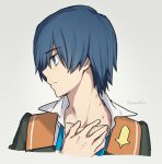  bangs blue_eyes blue_hair blush collared_shirt commentary_request darling_in_the_franxx eyebrows_visible_through_hair hand_on_own_chest hiro_(darling_in_the_franxx) injury male_focus military military_uniform open_clothes open_shirt shirt signature solo toma_(norishio) uniform wing_collar 