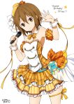  bare_shoulders brown_eyes brown_hair commentary_request double-breasted dress english frills gold_trim happy_birthday hat idol k-on! looking_to_the_side microphone mini_hat ragho_no_erika ribbon short_hair solo star tainaka_ritsu thigh_strap white_background wrist_cuffs 