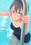  armpits arms_up bare_shoulders black_hair brown_eyes climbing climbing_ladder commentary_request competition_school_swimsuit from_above highres kamo_(gafas) ladder looking_up one-piece_swimsuit original parted_lips partially_submerged pool pool_ladder school_swimsuit short_hair solo swimsuit thick_eyebrows water wet wet_clothes wet_swimsuit 