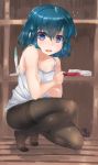  bare_shoulders black_legwear blue_eyes clothes_removed covering covering_breasts eyebrows_visible_through_hair hair_between_eyes indoors kaban_(kemono_friends) kemono_friends looking_at_viewer open_mouth pantyhose partially_undressed short_hair solo squatting tadano_magu thighband_pantyhose wooden_floor 